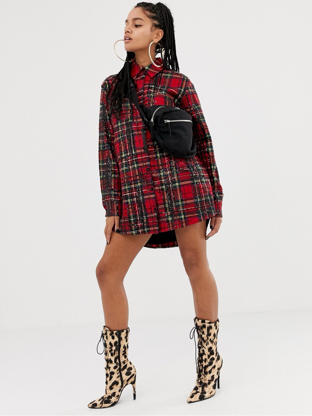 ASOS x LaQuan Smith Red Plaid Sequin Oversized Shirt Dress 8 Rare Holiday Mini